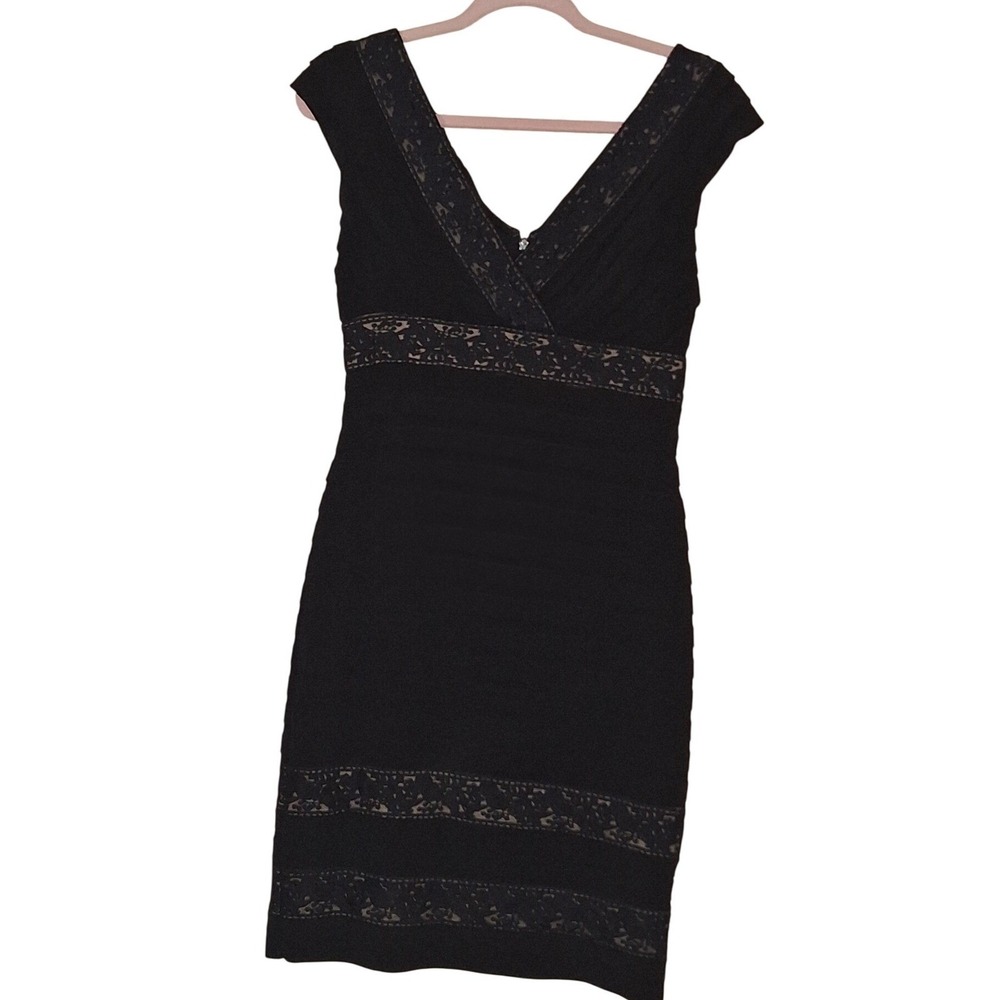 Adrianna Papell Black Bandage Bodycon Dress Lace Trim V-Neck Size 4 Sleeveless